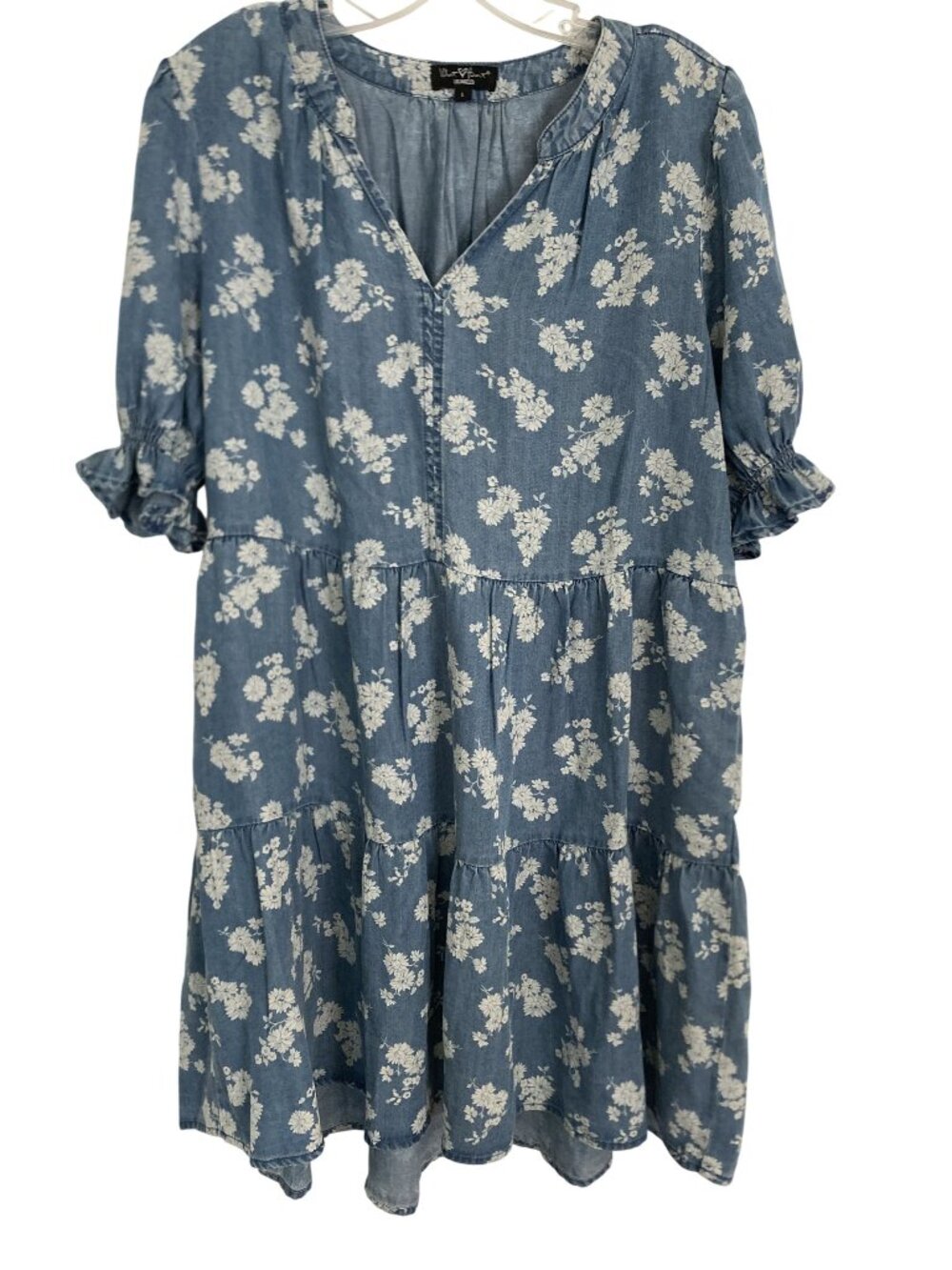 Floral Chambray Tiered Midi Dress Soft Denim With Puff Sleeves Look Boho Casual - Picture 1 of 5